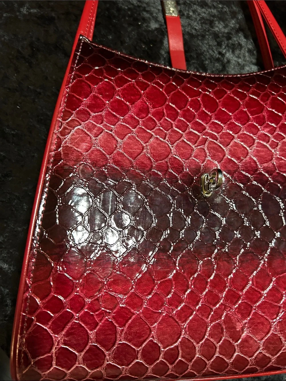 Red Croc-Effect Patent Shoulder Bag with Metallic Clasp